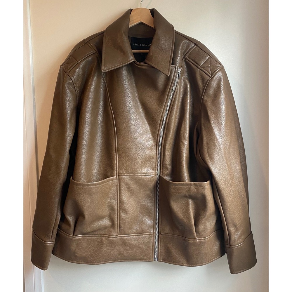 Ashley Graham Moto Jacket Women 1X Light Brown Faux Leather Asymmetrical Edgy